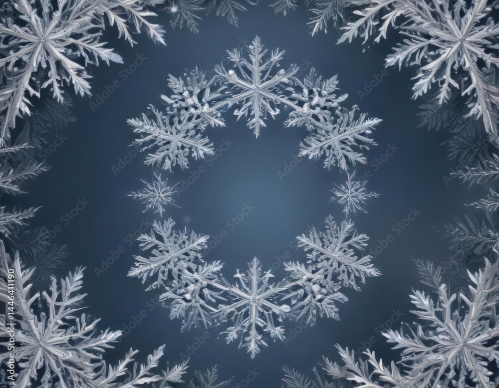 Intricate snowflake border frames a winter scene illustration on a Christmas card template , vector, winter wonderland, season Intricate snowflake border frames a winter scene illustration on a Christmas card template , vector, winter wonderland, season