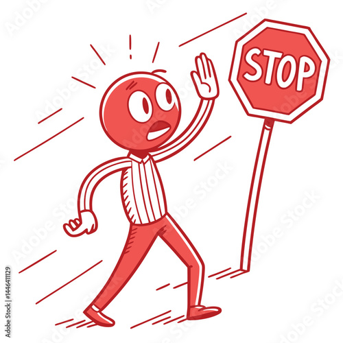 Cartoon Character Running Towards Stop Sign, Scared Expression, Hand Up Outline Style