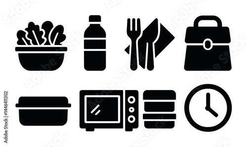 Meal prep and diet management solid icons set – silhouette style health, fitness, and nutrition symbols for planning meals: salad, water bottle, utensils, lunchbox, microwave, clock.