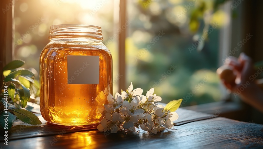 Honey jar with spring blossoms Honey jar with spring blossoms