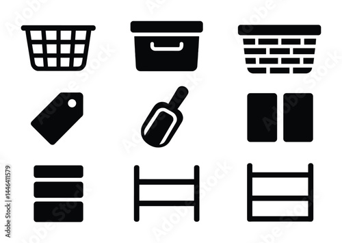 Home organization solid icons set – filled style for storage, decluttering, and tidying: basket, bin, tag, scoop, drawer, rack, bricks, container.