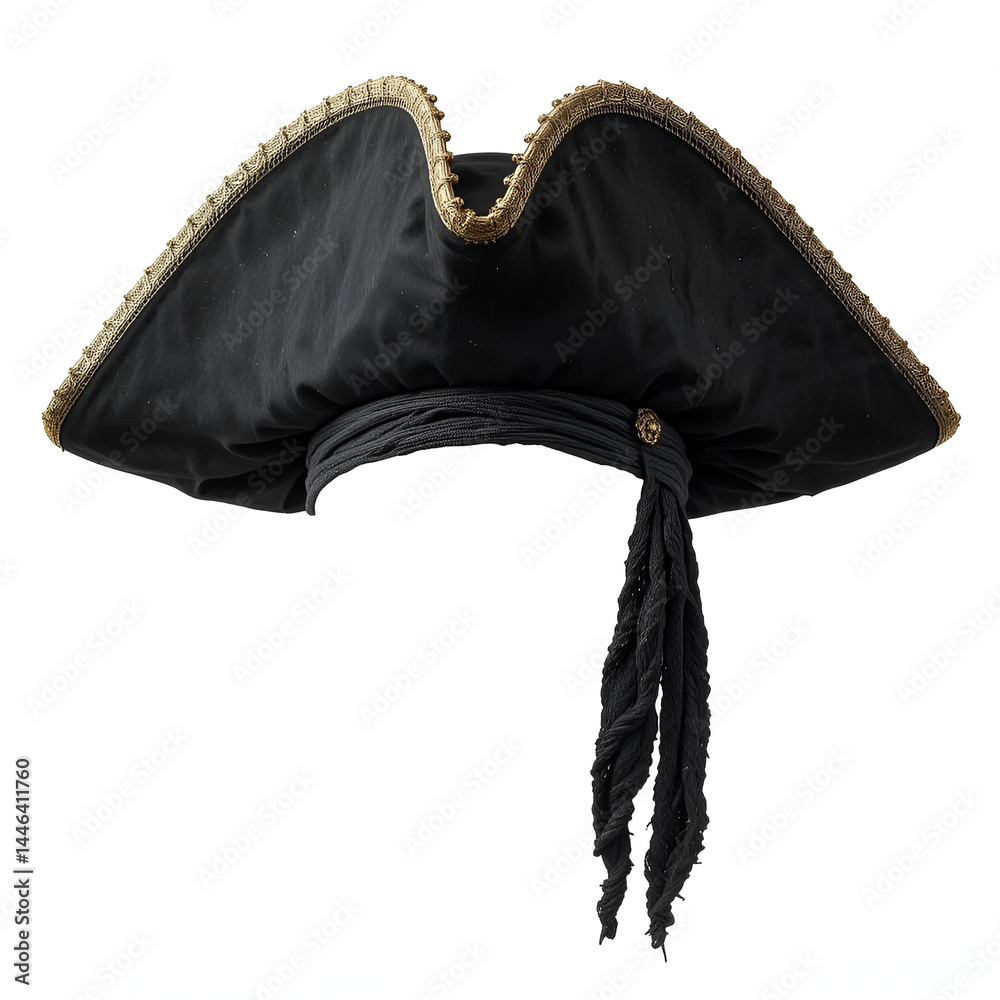 Fototapeta premium Black triangle pirate hat isolated on white background - tricorn cap