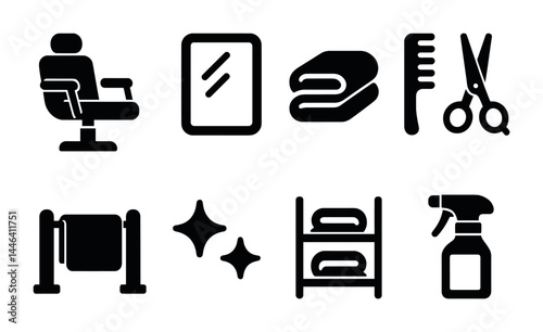 Barber shop essential icons set – solid style grooming, hairstyling, and salon tools for haircare branding: chair, mirror, towel, comb, scissors, spray bottle, shelves.