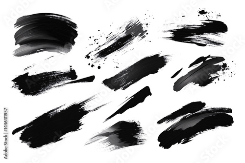 Set of several different black ink or paint strokes on transparent background. grunge style. abstract strokes, marks, spots and splashes. design element. chaotic strokes