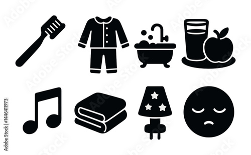 Bedtime routine solid icons set – flat style relaxation, nighttime, and sleep symbols for night prep: toothbrush, pajamas, bathtub, night lamp, sad face, music note, towel.