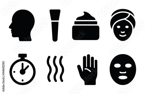 Personal care beauty icon set – solid style skincare, spa, and wellness symbols for self-care routines: face, brush, cream jar, timer, hand, face mask
