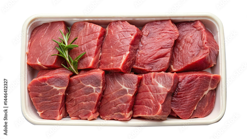 Obraz premium Fresh, Raw Beef Cubes Displayed in a transparent Tray with Rosemary Garnish