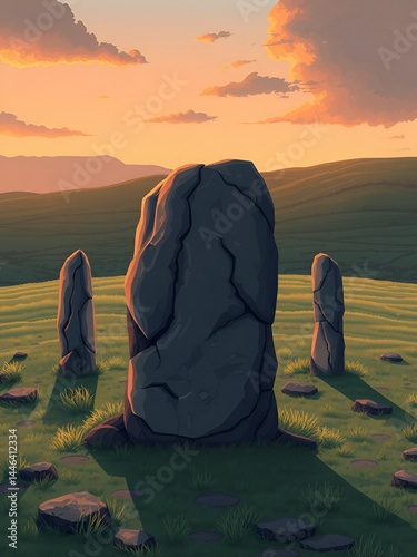 Illustration of a megalith or standing stone. . Lava-Covered Megaliths. Illustration