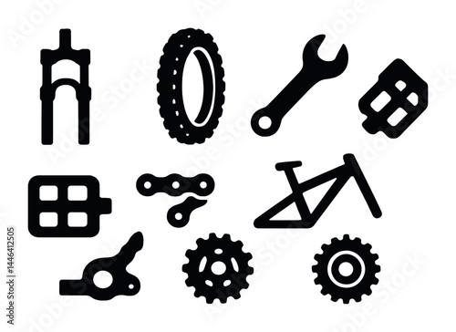 Bicycle parts icon set - solid style cycling, repair, and bike maintenance symbols: fork, tire, wrench, pedal, chain, gear, frame.