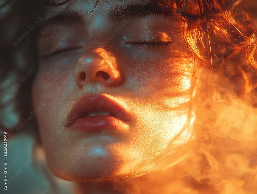 Close-up portrait of a woman with curly hair and freckles, illuminated by warm light with a smoky background