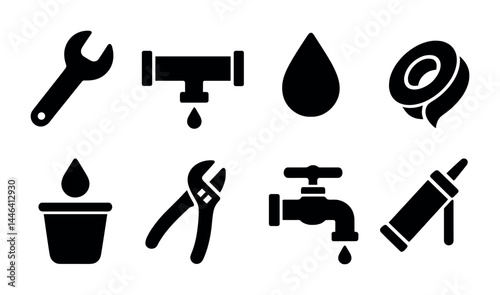 Plumbing tools and equipment icon set – solid style symbols for repair, maintenance, and installation: wrench, pipe, drop, tape, pliers, valve, faucet, sealant.