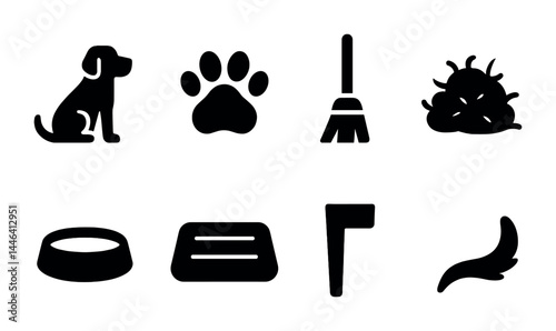Pet care solid icons set – silhouette style animal, grooming, and training symbols for pet lovers: dog, paw print, broom, fur ball, bowl, litter box, poop scoop, tail.