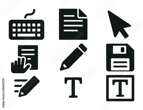 Writing tools filled icons set – solid style for document editing and publishing: keyboard, document, pencil, cursor, floppy disk, hand, text, t symbol