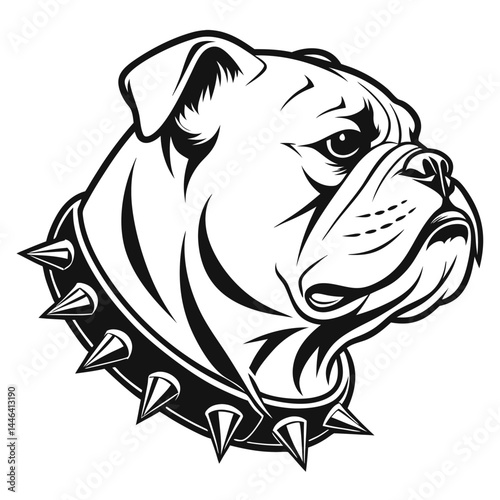Foto Bulldog Profile Illustration, Black and White Outline, Spiked Collar, Dog Portra