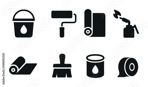 Home renovation solid icons set – filled style for diy projects and interior design: paint bucket, roller, wallpaper, blowtorch, floor mat, paintbrush, paint can, tape.