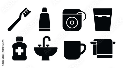 Bathroom essentials solid icons set – filled style hygiene and oral care symbols: toothbrush, toothpaste, floss, mouthwash, sink, cup, towel, water glass