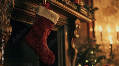 Ornate fireplace adorned with a festive holiday stocking. photo