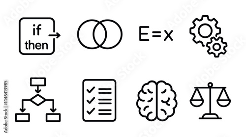 Business analytics outline icon set – linear style data visualization, strategy, and decision-making symbols: flowchart, venn diagram, equation, gears, checklist, brain, scales.