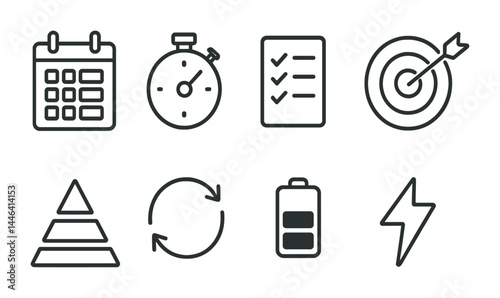 Business productivity icons set featuring calendar stopwatch checklist and more for effective management