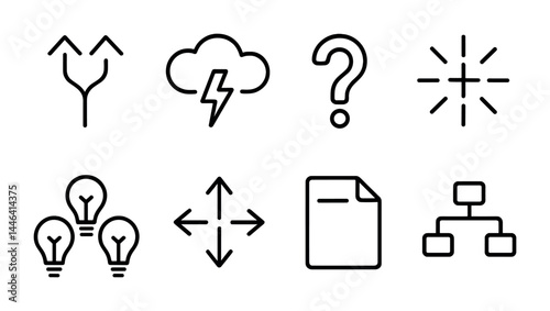 Business strategy icon set – line style leadership, decision-making, and planning symbols for corporate growth: direction, brainstorm, innovation, analysis, document, hierarchy.