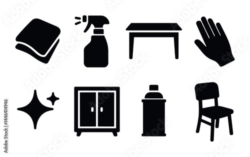 Housekeeping and cleaning silhouette icons set – solid style home, hygiene, and sanitation symbols: sponge, spray bottle, table, glove, shine, cabinet, cleaner, chair.