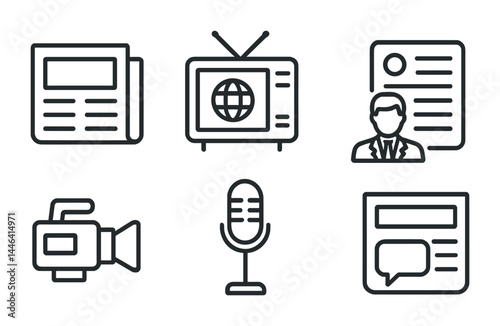 Media and communication icon set – outline style news, broadcasting, and journalism symbols for content creation: newspaper, tv, article, camera, microphone, profile