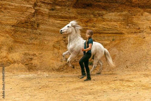 Obraz na płótnie A young woman and her white icelandic horse gelding interacting in a sand pit; horsemanship concept w salonie