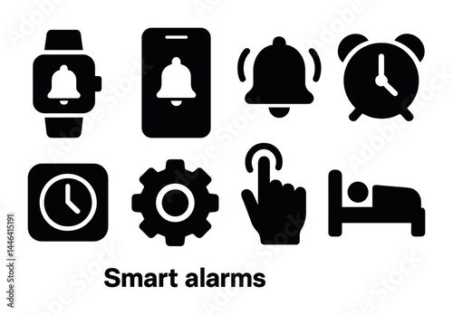 Smart alarm icons set – solid style notification, clock, and reminder symbols for scheduling: smartwatch, smartphone, bell, alarm clock, gear, touch, sleep, bed.