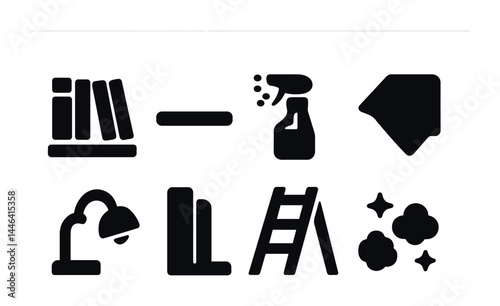 Housekeeping and cleaning solid icons set – flat style home maintenance, organization, and tidying symbols: bookshelf, spray bottle, cloth, lamp, ladder, dust cloud.