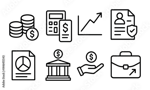 Financial and banking line icons pack – outline style finance, investment, and business symbols for money management: coins, calculator, graph, profile, report, bank, hand, briefcase.