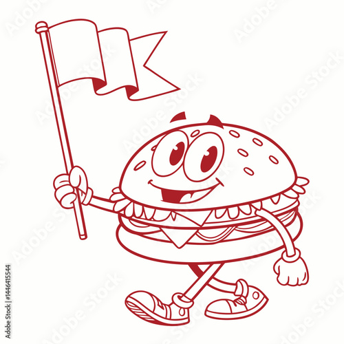 Cheerful Cartoon Burger Character Waving Flag, Outlined Happy Food Mascot