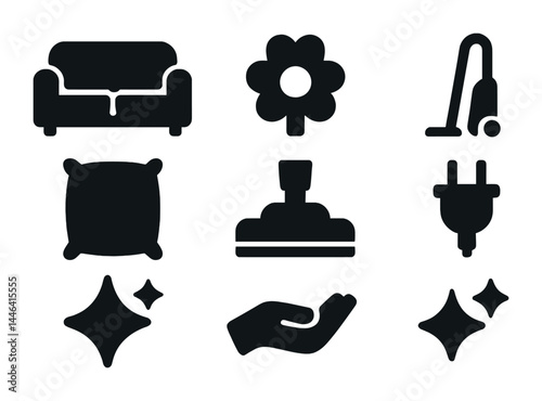 Home cleaning solid icons set – flat style housekeeping, sanitation, and utility symbols for organization: sofa, flower, vacuum, pillow, mop, plug, sparkle, hand.