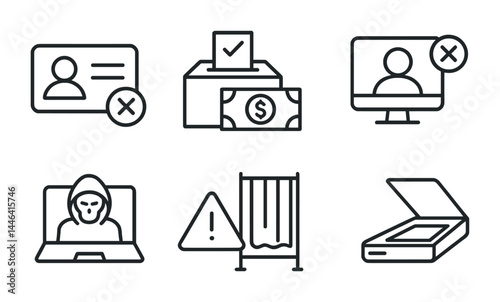 Security and authentication outline icons set – linear style identity, privacy, and access control symbols: id card, ballot box, online user, hacker, security alert, barrier, scanner.