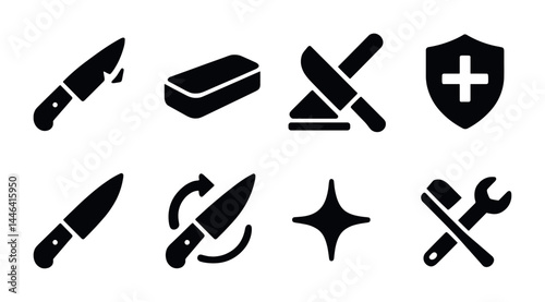 Knife care icon set – solid style safety, maintenance, and sharpening symbols for kitchen essentials: chef knife, sharpening stone, protective shield, rotating blade, sparkle, toolbox