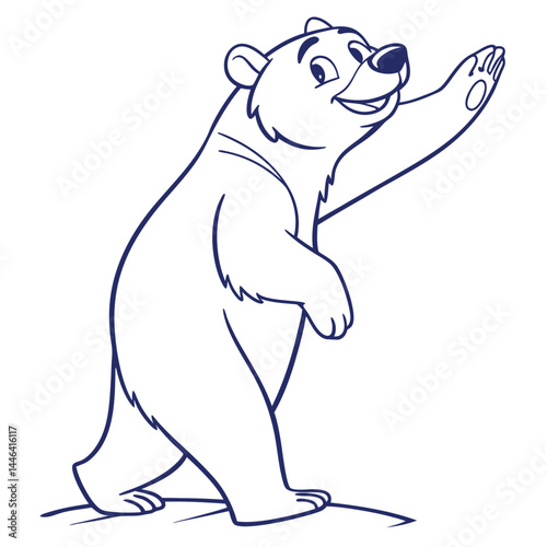 Cartoon Bear Outline Waving, Standing on Hind Legs, Friendly Character, Happy Bear