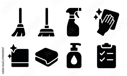 Cleaning tools silhouette icons set – solid style housekeeping, sanitation, and hygiene symbols for home maintenance: broom, mop, spray bottle, cloth, sponge, soap, checklist.