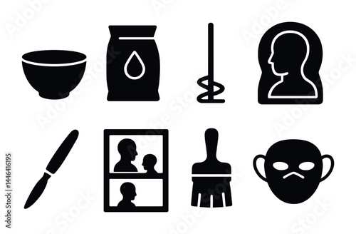 Skincare and beauty solid icons set - flat style wellness, grooming, and cosmetic symbols for self-care: bowl, cream jar, facial brush, powder, mask, mirror, palette