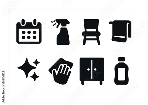 Home cleaning solid icons set – flat style housekeeping, sanitation, and hygiene symbols for decluttering: calendar, spray bottle, chair, towel, sparkle, wiping, cabinet, detergent.