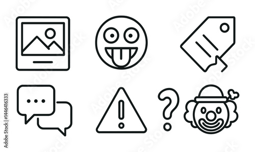 Social media and communication linear icons set – outline style for digital interaction and online networking: emoji, chat bubbles, notification, question mark, tag, clown