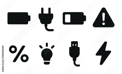 Energy and power filled icons set – solid style electricity, tech, and efficiency symbols for innovation: battery, plug, charging, alert, percentage, bulb, usb, lightning.