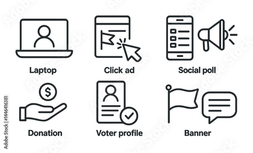 Digital marketing linear icon set – outline style online advertising and social media symbols for campaign strategies: laptop, click ad, social poll, donation, voter profile, banner