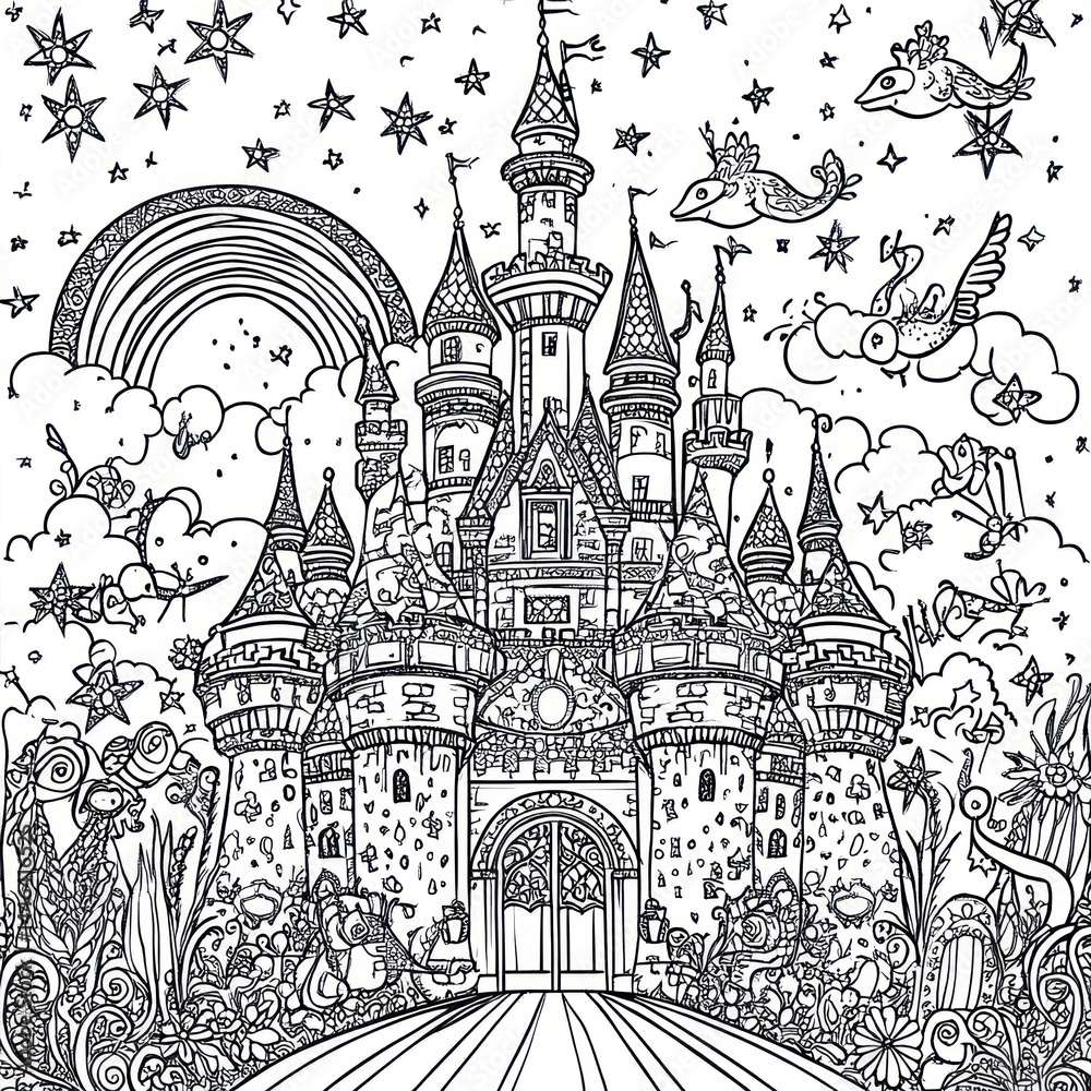 Fototapeta premium Enchanted castle drawing, detailed with mythical creatures, stars, and rainbow, perfect for coloring