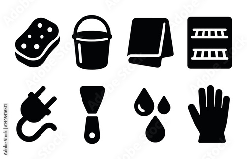 Home cleaning solid icons set – flat style hygiene, housekeeping, and sanitation symbols for maintenance: sponge, bucket, towel, shelf, plug, scraper, drops, glove.