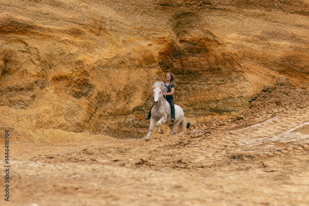A young woman and her white icelandic horse gelding interacting in a sand pit; horsemanship concept
