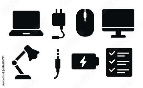 Technology and office equipment solid icons - silhouette style gadgets, devices, tools for digital workspaces: laptop, charger, mouse, monitor, desk lamp, cable, battery, checklist
