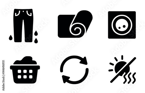 Laundry care solid icons set – filled style cleaning, garment, and maintenance symbols for home essentials: jeans, detergent, washing machine, laundry basket, cycle, dry, iron.