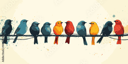 Colorful birds perched on a wire, showcasing a cheerful variety of species and vibrant colors in a simple 2D graphic illustration