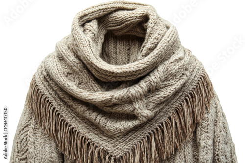 Cozy beige cable knit shawl with tassels soft texture warm winter style handmade feel