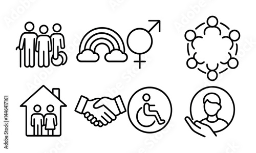 Diversity and inclusion icon set - outline style symbols for community, accessibility, and unity: people, rainbow, gender symbol, teamwork, handshake, wheelchair, support.