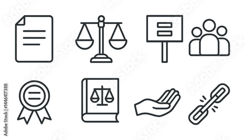 Legal and justice outline icons set – line style law, courtroom, and attorney symbols for legal documentation: document, scales, sign, people, medal, book, hand, chain.